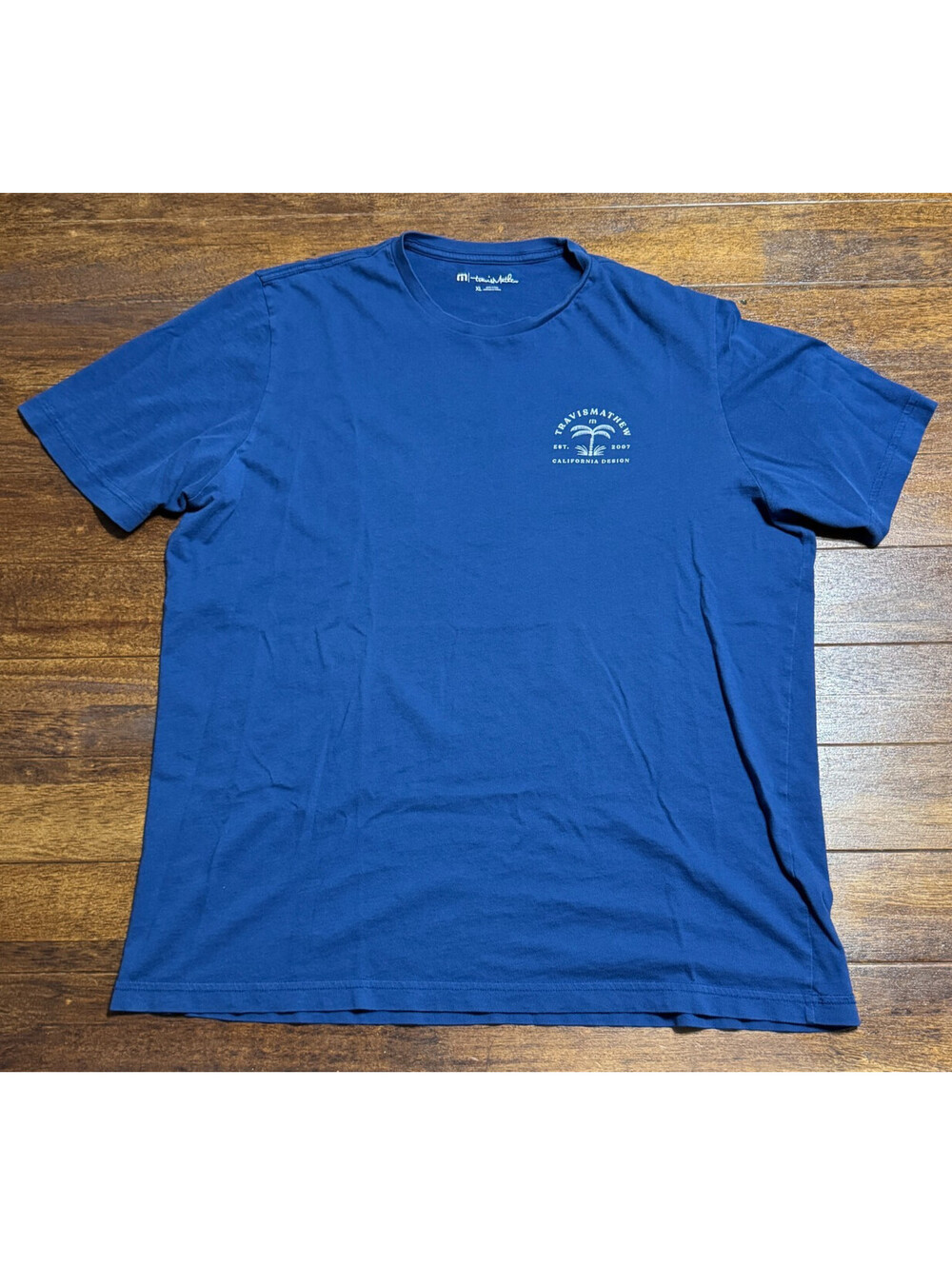TravisMathew Men Blue Shock And Awe Cotton Graphic Tee XL 1MX235 Palm Tree